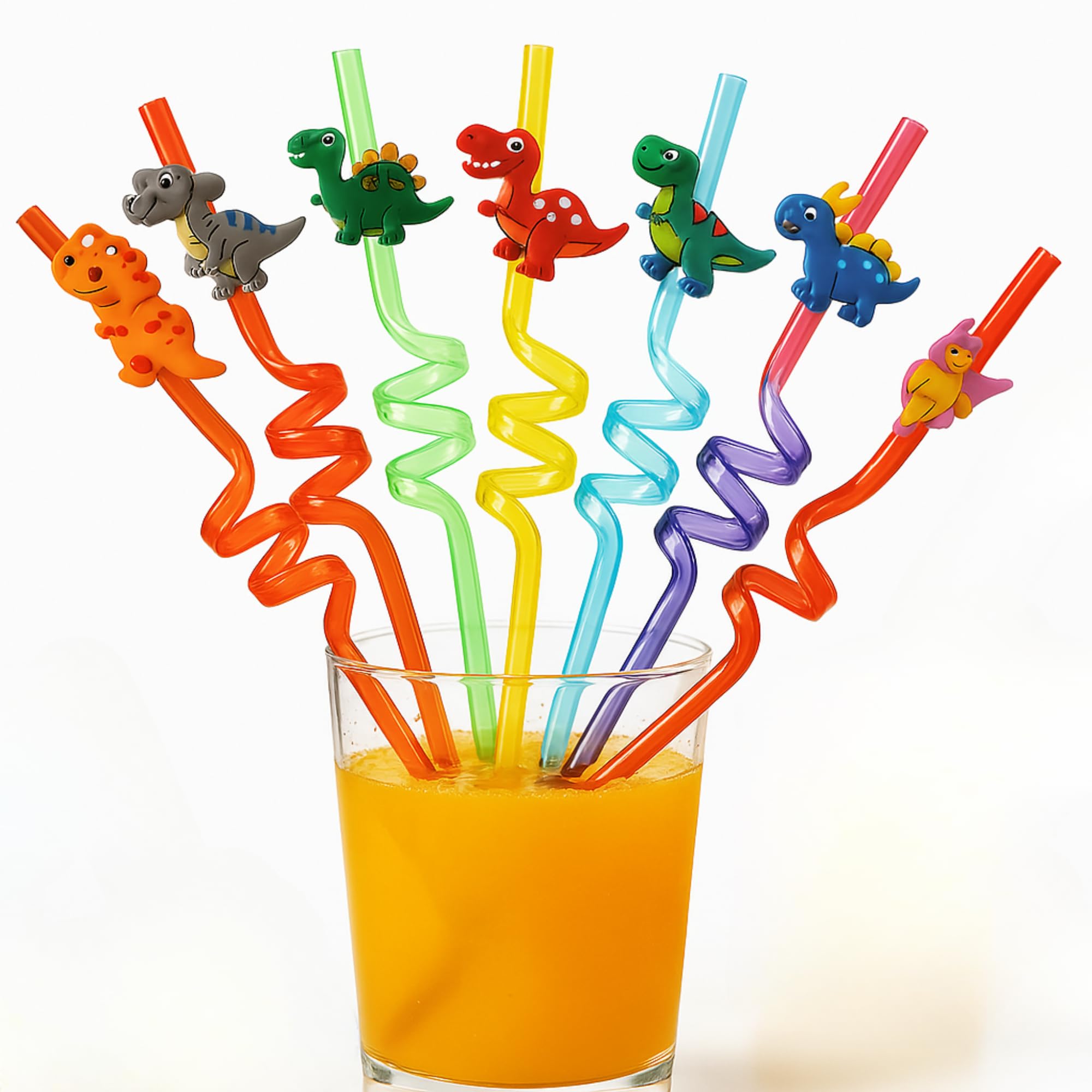 Set of 8 Colorful Dinosaur Themed Reusable Drinking Straws for Kids - Eco-Friendly, BPA-Free, Washable, Detachable Dino Figures - Perfect for Children's Parties & Daily Use