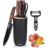 Knife Set, 8 Piece Kitchen Knife Set, Stainless Steel Knives Set for Kitchen, Universal Knife Block Set, Kitchen Kinfe Essentials, New Home Apartment Essentials, Dishwasher Safe (Black woodgrain)
