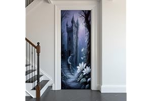 Door Stickers Peel and Stick Door Mural Gothic Mystical Castle Surrounded by Snowy Forest White Blossoms Removable Wallpaper 