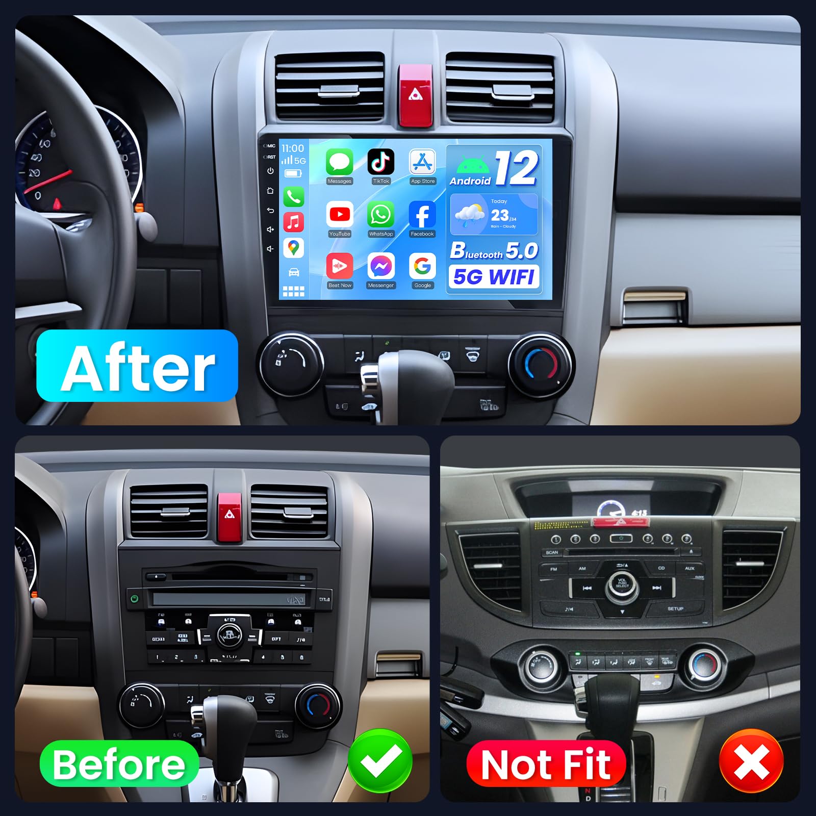 Car Radio Stereo for Honda CRV 2007-2011: 5G WiFi 9 inch 1280 * 800 HD IPS Touchscreen Head Unit Wireless Carplay Android Auto Upgrade GPS Navigation Bluetooth Backup Camera FM EQ HiFi