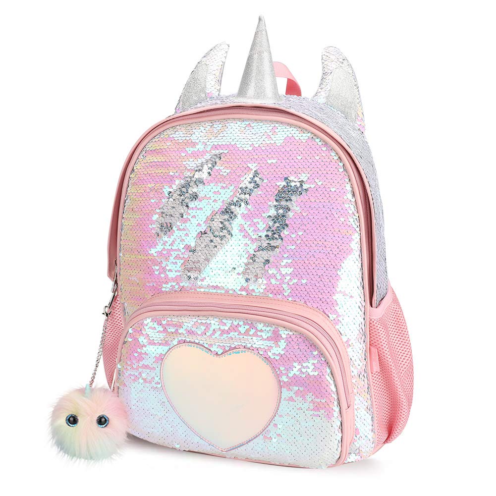 Girls Backpack for Kids, Unicorn Backpack for Girls, Glitter Rainbow Elementary School Backpack（Sequin Pink）