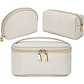 KTMOUW Makeup Bag 3 Pcs Waterproof Cosmetic Bag Set Portable Travel Cosmetic Bag Multifunction Organizer Storage Bag Weave Toiletry Bag for Women, Beige