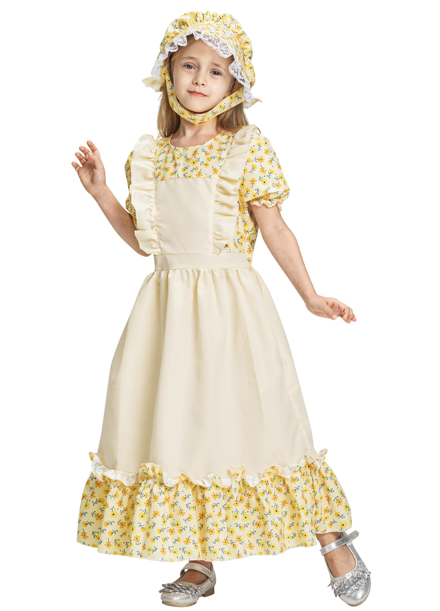IKALI Kids World Book Day Costume Girls Victorian Maid Costume Prairie Pioneer Fancy Dress for Role-play Party Yellow 7-8 Years