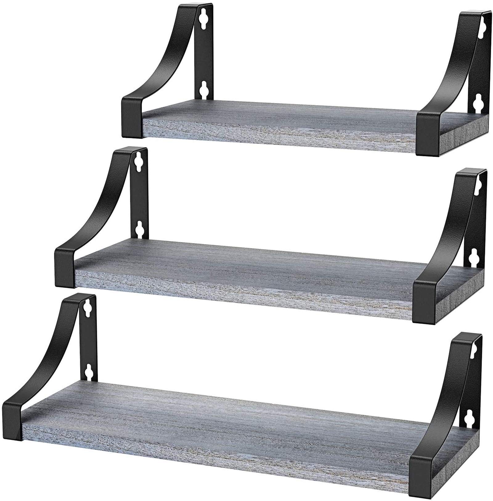 Amada Floating Shelves Wall Mounted, Rustic Paulownia Wood Wall Shelves Set of 3 for Bedroom, Bathroom, Living Room, Farmhouse Kitchen, Grey