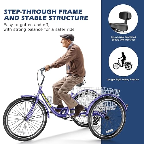 7 Speed Adult Tricycle 24 Inch | 3 Wheel Bike With Large Rear Basket | Cruiser For Seniors Women Men