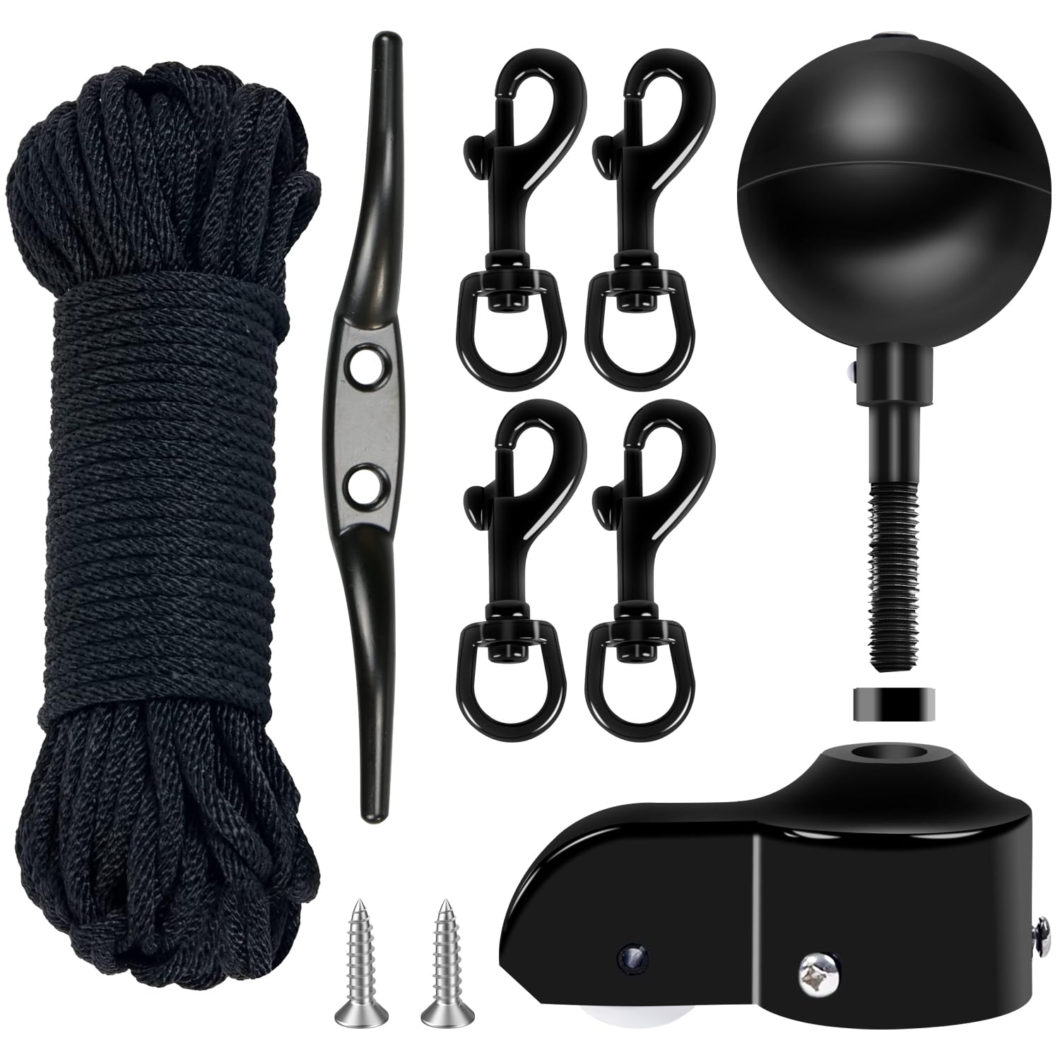 Photo 1 of NQ Flagpole Hardware Repair Parts Kit,50 Feet Halyard Rope+3" Black Ball+6" Zinc Alloy Cleat + 4 Metal Swivel Snap Clips + Aluminum Alloy Flagpole Truck with Nylon Pulley for 1.6"-2" Flag Poles