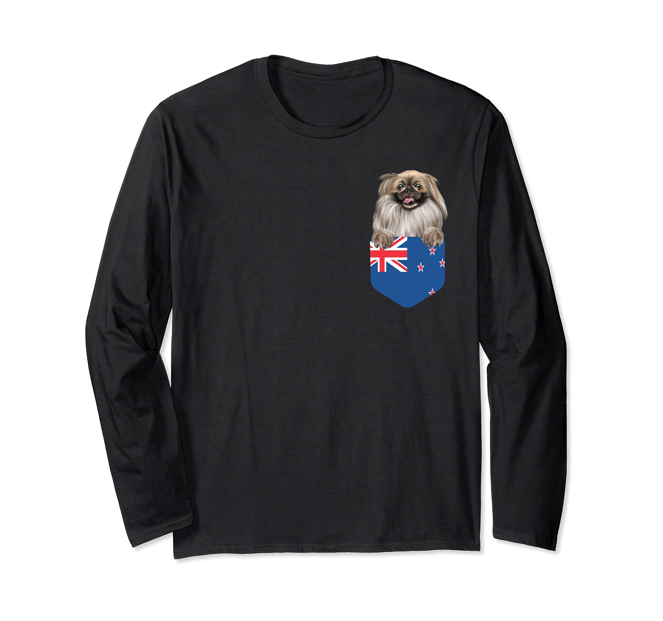 New Zealand Flag Pekingese Dog In Pocket Long Sleeve T-Shirt