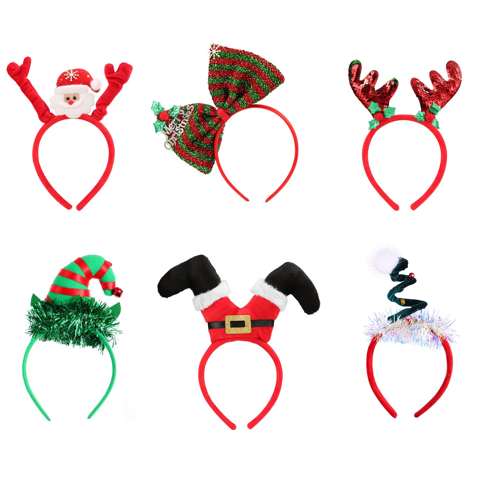 FRCOLOR 6 Pack Christmas Headbands Reindeer Antler Sequin Bow Santa Headbands Hair Hoop for Christmas Holiday Parties Photos Booth