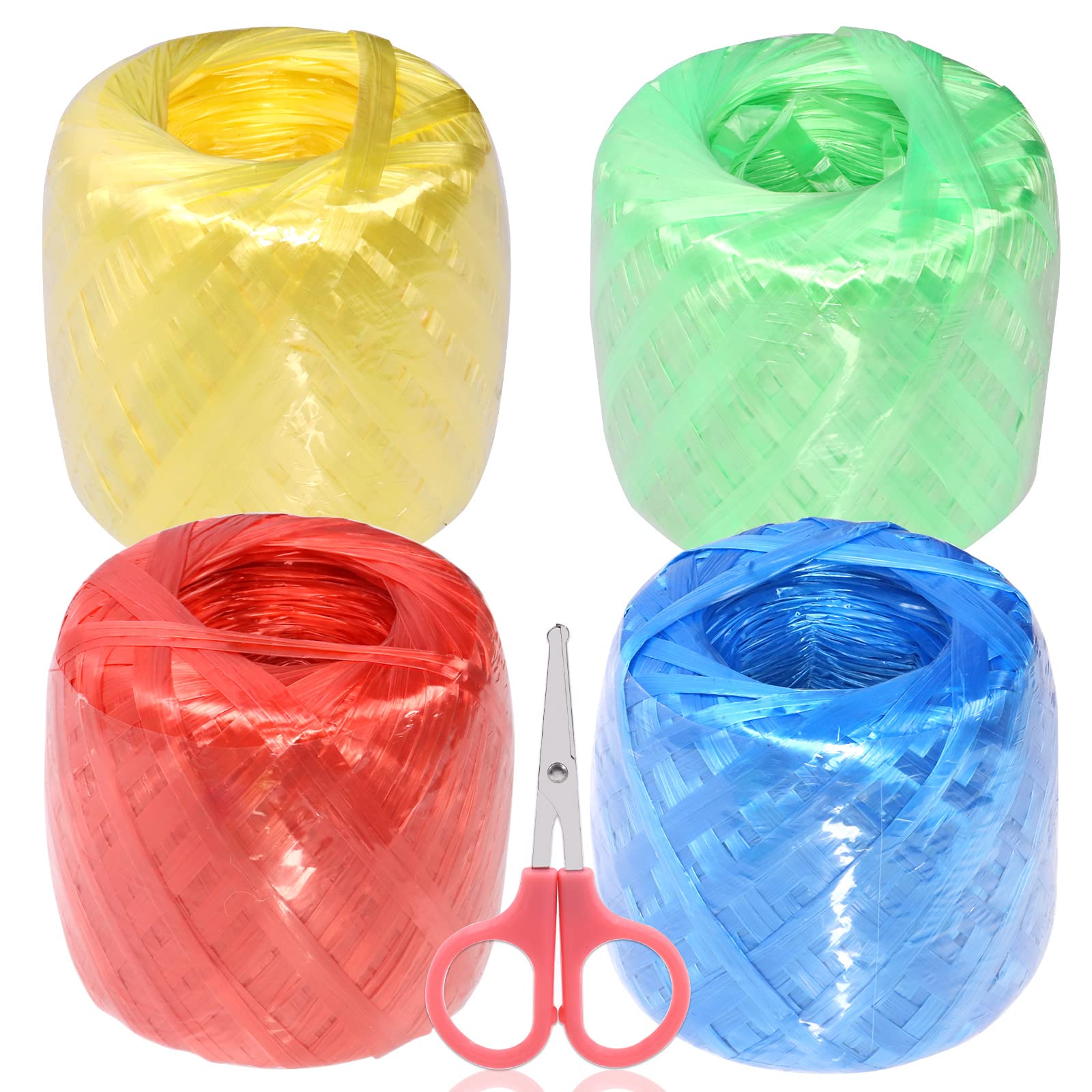 Tanstic 4 Rolls 4 Colors Polyester Nylon Plastic Rope Twine with Scissors, 35MM Width and 180M/590Ft Length Plastic Rope for Packing, Gardening(Green/Red/Yellow/Blue)