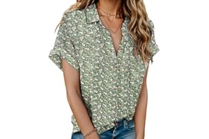 HOTOUCH Women Linen Shirts Button Down Cotton Short Sleeve Blouses V Neck Collared Button-up Gauze Tops S-3XL