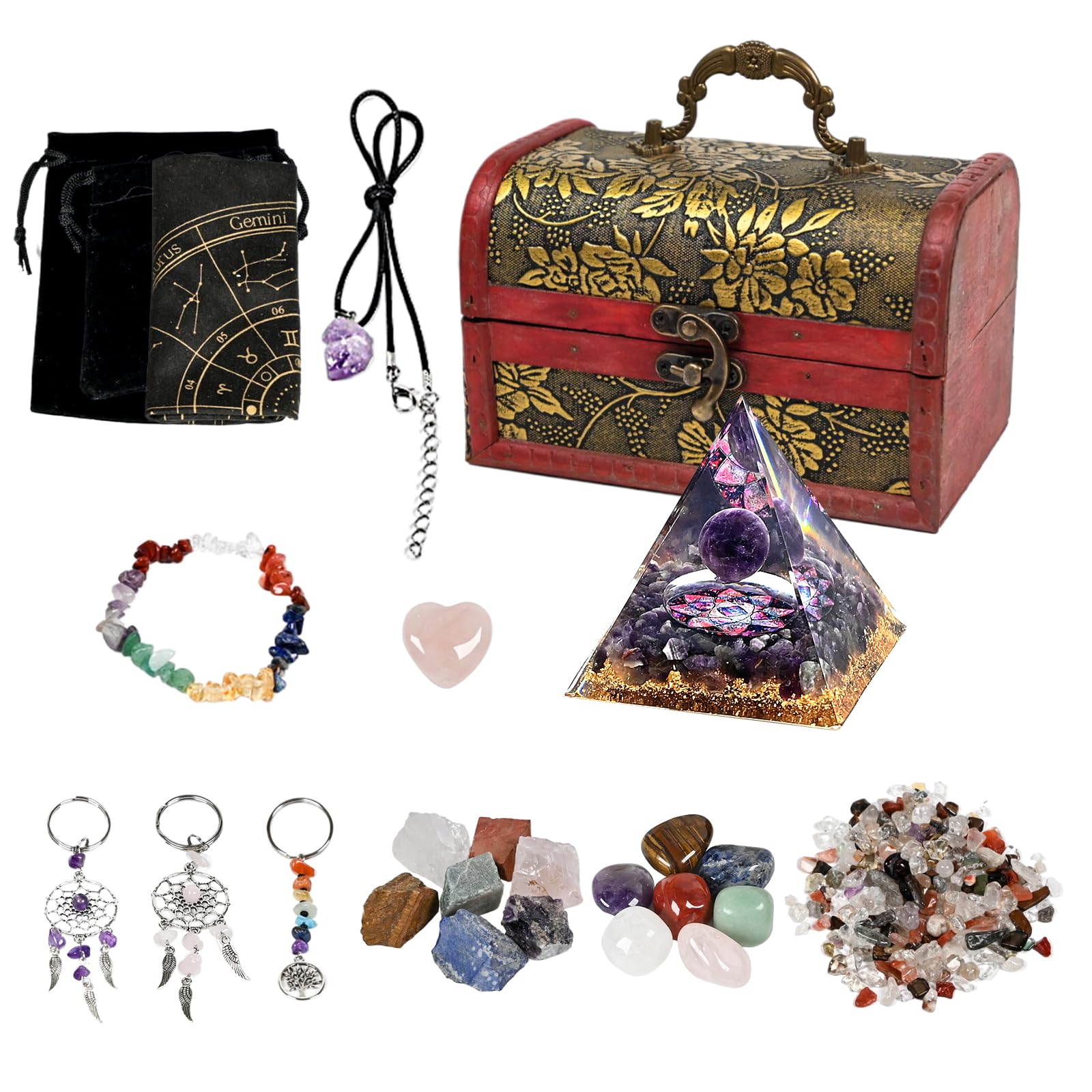 ycyingcheng 26PCS Healing Crystals Set, Crystals And Gemstones Set, 7 Raw and Polished Chakra Healing Crystals in Wooden Gift Box, Car Keychain Pendant for Reiki, Meditation, Christmas Birthday