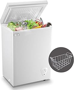 WANAI Chest Freezer 3.5 Cubic Feet Compact Freezers with Adjustable Thermostat Top Open Door Freezer Compressor Cooling with Rmovable Storage Basket for Home, Kitchen and Office. White