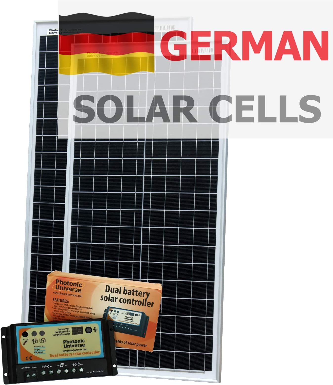 80W (40W + 40W) Photonic Universe solar charging kit made of monocrystalline solar cells, with 10A dual battery charge controller and cables, for motorhome, caravan, boat or any 12/24V battery system