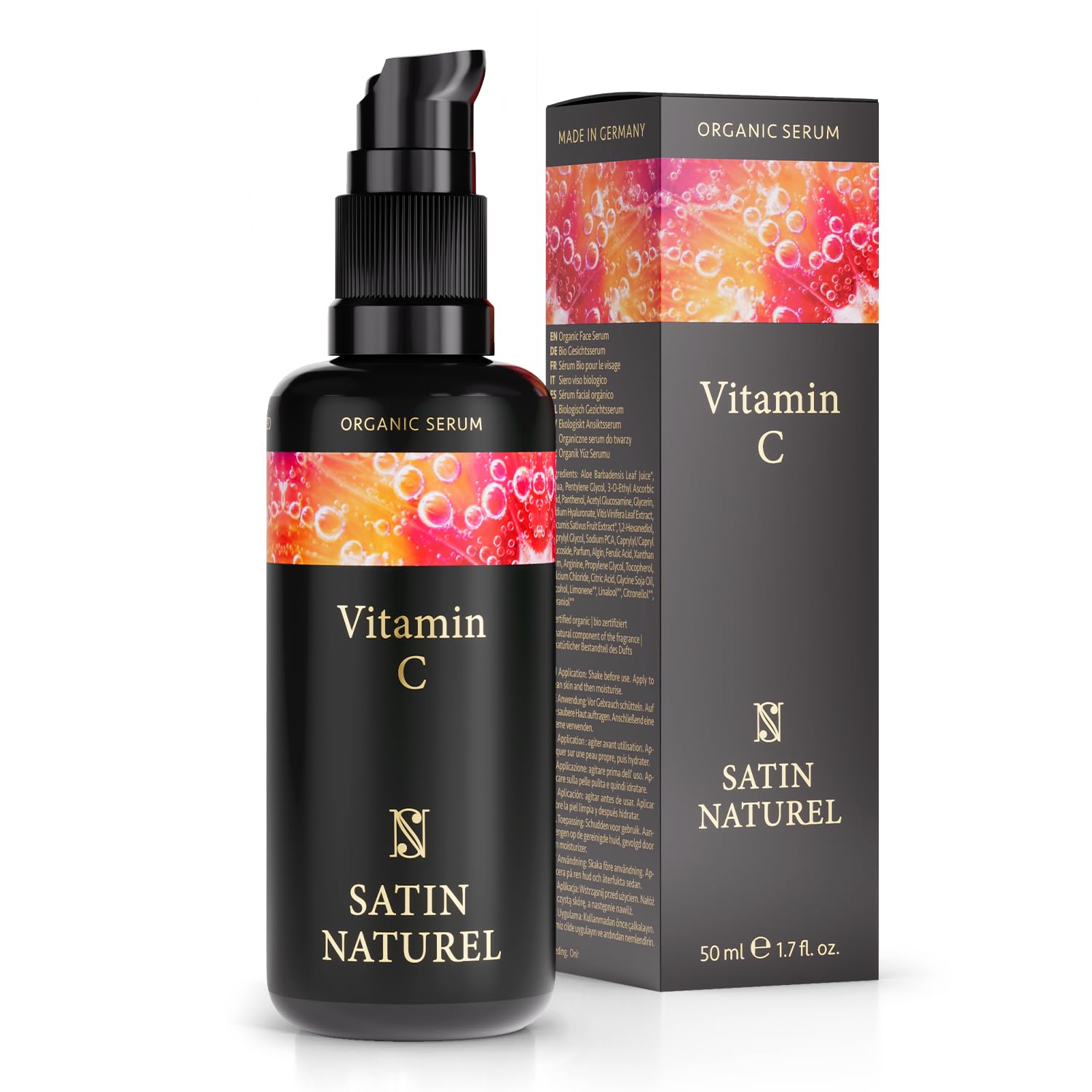 Satin Naturel Vitamin C Serum for Face 50ml - Organic Skincare with Hyaluronic Acid + Panthenol + Aloe Vera for Sensitive Skin - Reduce Dark Spots & Imprefections - Skin Care
