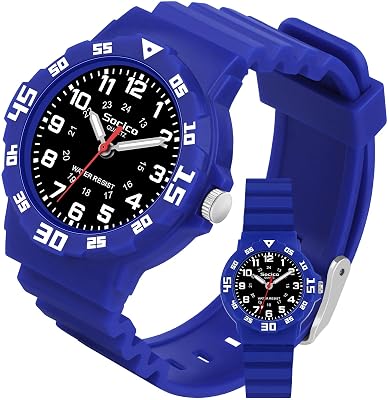 SOCICO Childrens Analog Watch, Waterproof Time Teaching Watch for Boys & Girls, Soft Comfort Band, Easy to Read Dial, Durable Learning Wristwatch for Kids, Great for School (Blue - Black face)