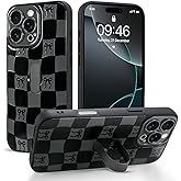 Jefonha Checkered Case for iPhone 16 Pro Max with Finger Strap Kickstand Cute Checkerboard Bow Phone Case for Women Girls, Full Camera Protection Shockproof Cover for 16 Pro Max 6.9 inch, Black
