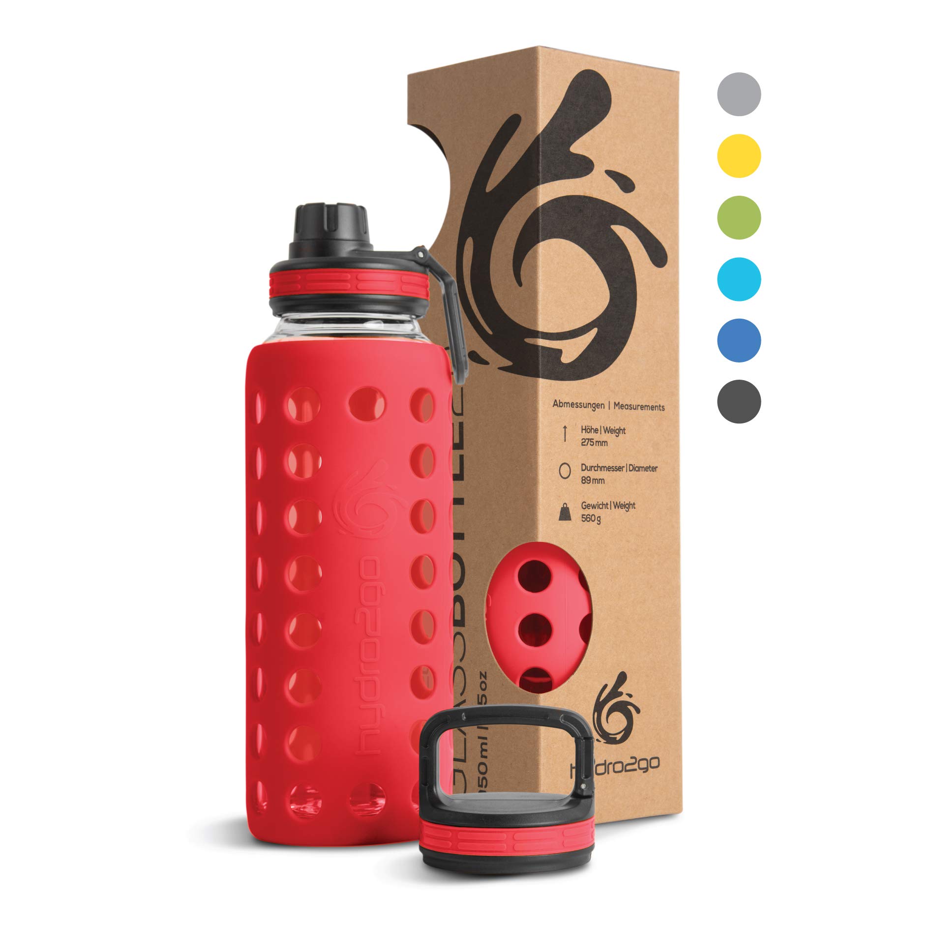 hydro2go Glass Water Bottle w/ Silicone Sleeve | 100% Leak-Proof BPA-Free Dishwasher Safe | 2 Replaceable Lids | Sports&Outdoors (Urban Red 2.0) 950ml