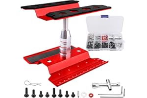 HOBBYFIRE Aluminum Alloy RC Car Repair Work Stand Hobby Tool Set 360 Degree Rotation Lift/Lower and RC Screws Kit Repair Tool Box for 1/8 1/10 1/12 1/16 1/18 RC Car Truck Buggy Models (Red)