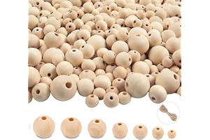 POJAH 950pcs Wooden Beads for Crafts 7 Sizes Unfinished Natural Wood Bead Wooden Beads Bulk 6mm, 8mm, 10mm, 12mm, 14mm, 16mm, 20mm Bead for Garland Macrame Jewelry Making DIY Farmhouse Decor