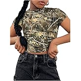 RoseSeek Girl's Camo Crop Tight Shirts Branch Print Short Sleeve Slim Fitted T-Shirt
