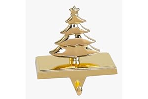 Amooca Christmas Stocking Holders Non-Slip Metal Hooks Fireplace Mantle Stocking Hanger for Christmas Party Decorations (Christmas Tree Gold, 1 Pack)