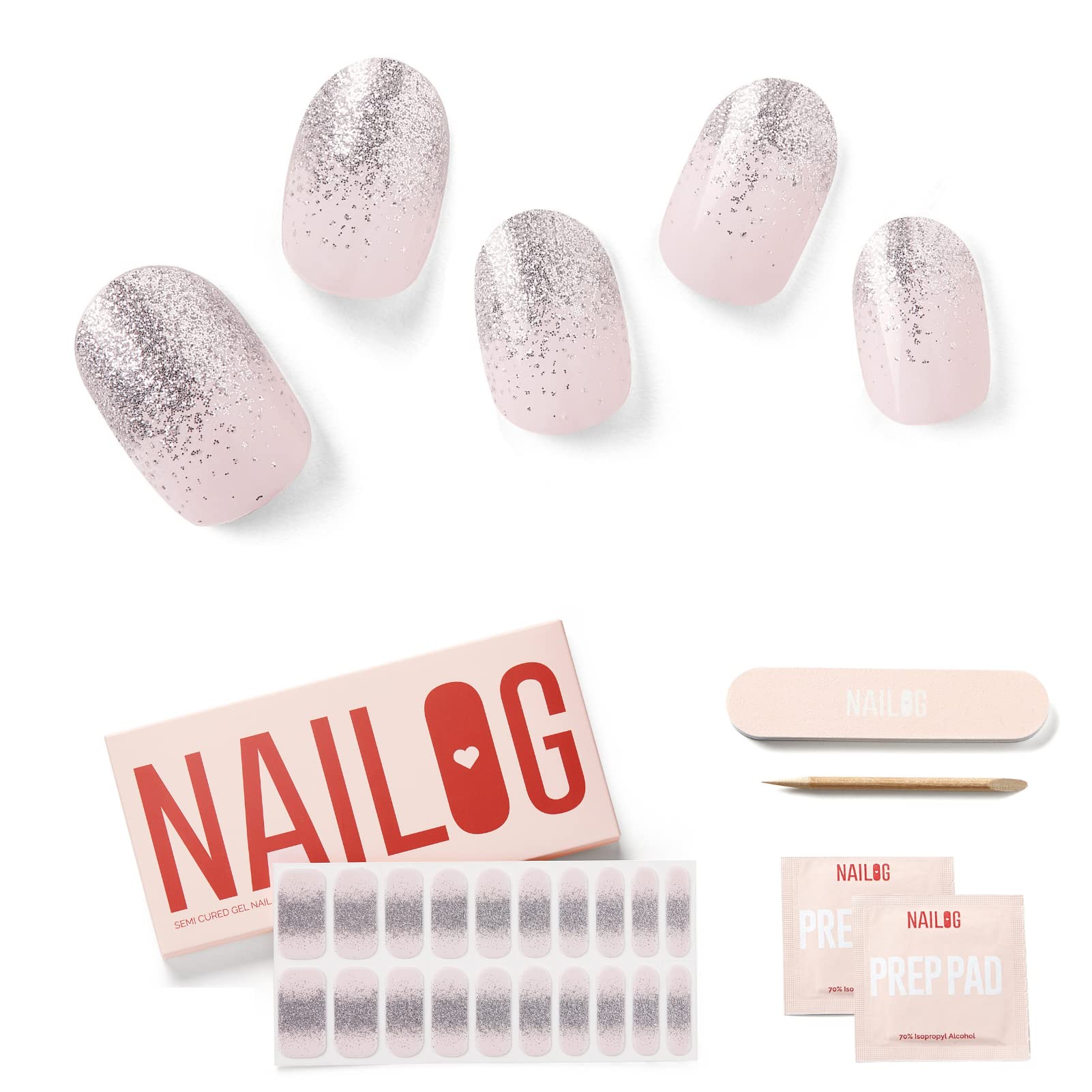 NAILOG Semi Cured Gel Nail Strips, Extra Long Nail Polish Strips (20 Pieces), Long Lasting Semi Cured Nail Stickers with Soft Glossy Gel Finish, Ballerina — image 1