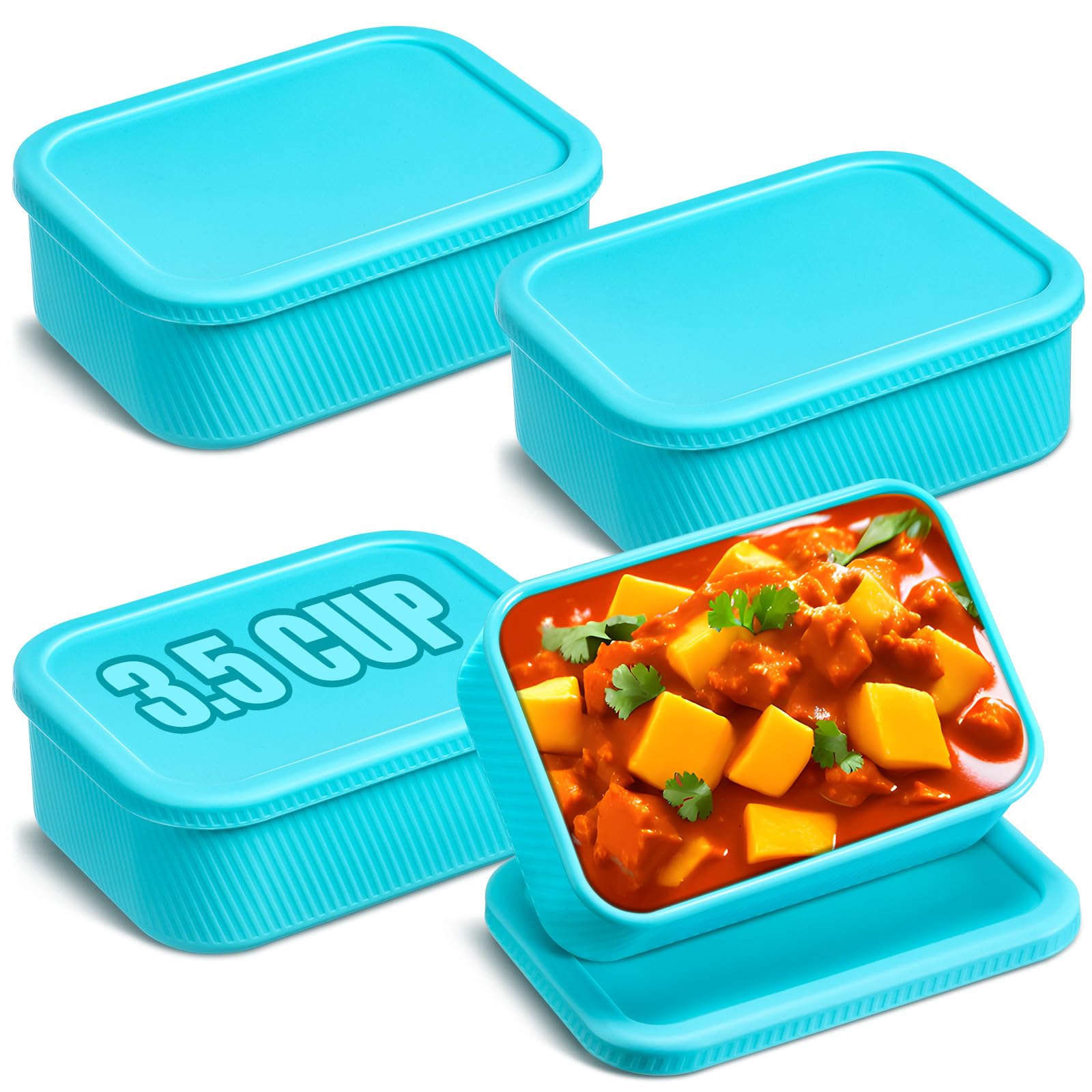 Photo 1 of Nuogo 4 Pcs 3.5 Cup Silicone Freezer Trays with Lid Soup Freezer Containers Reusable Silicone Molds Rectangle Containers Freezing Ice Trays for Soups Sauces Stews Curries, Lake Blue