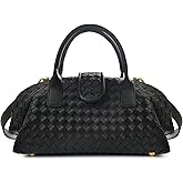 JBRUN Woven Women's Handbags Trendy PU Leather Boston Bag Top-Handle Handbag Shoulder Bags for Women Crossbody Purse (Black)