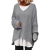 Saodimallsu Womens Oversized V Neck Sweaters Batwing Long Sleeve Knit Fall Slouchy Pullover Sweater Tops