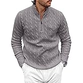 Runcati Mens Quarter-Zip Pullover Sweater Cable Knitted Stand Collar Winter Casual Warm Twisted Knitwear Sweaters