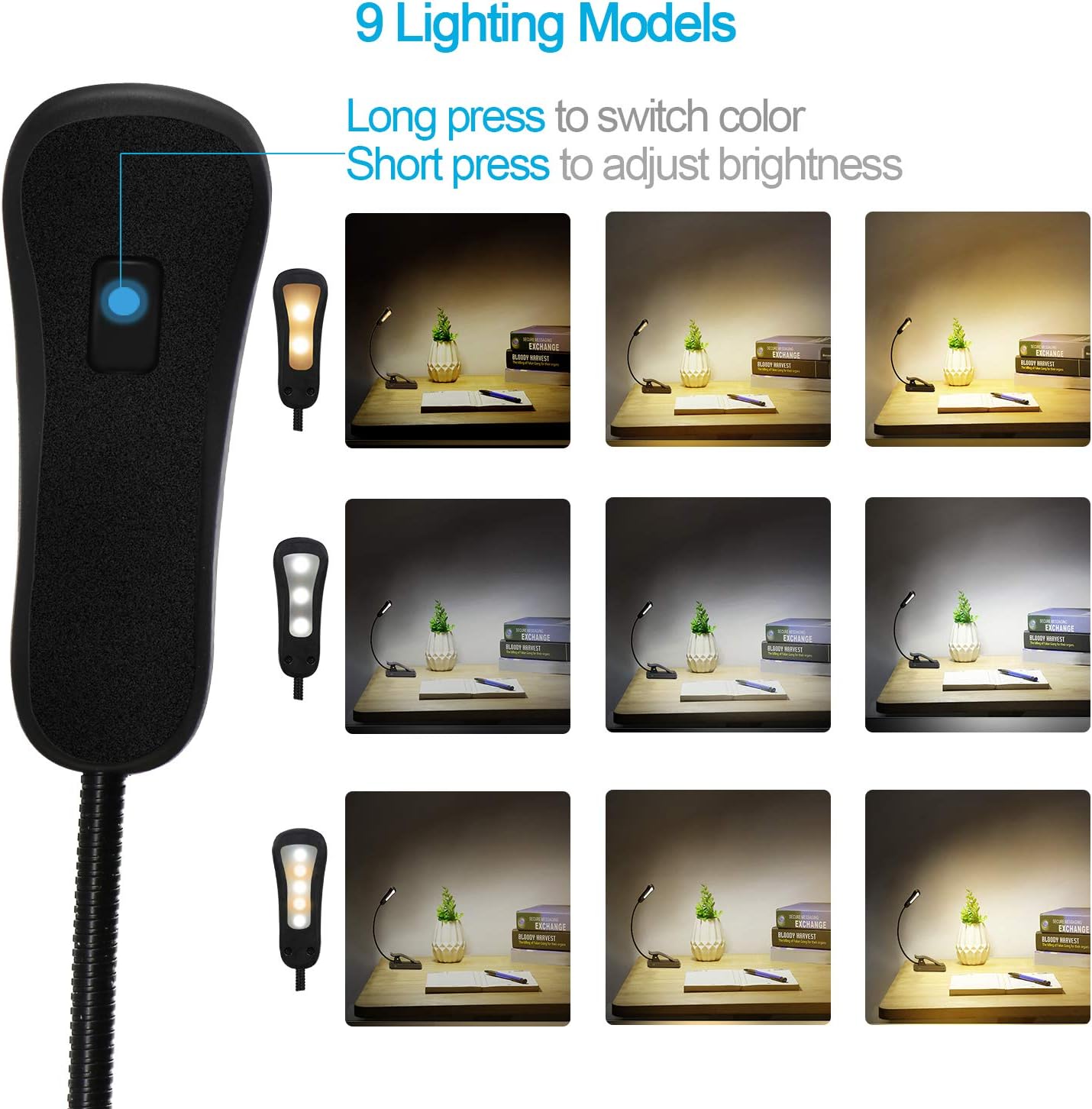 Book Light - Rechargeable Reading Lights for Books in Bed with 3 Colors and 9 Brightness, LED Book Reading Light with Clip for Kids, USB Reading Light for Bed, Sofa, Music Stand, Office, Travel - - 