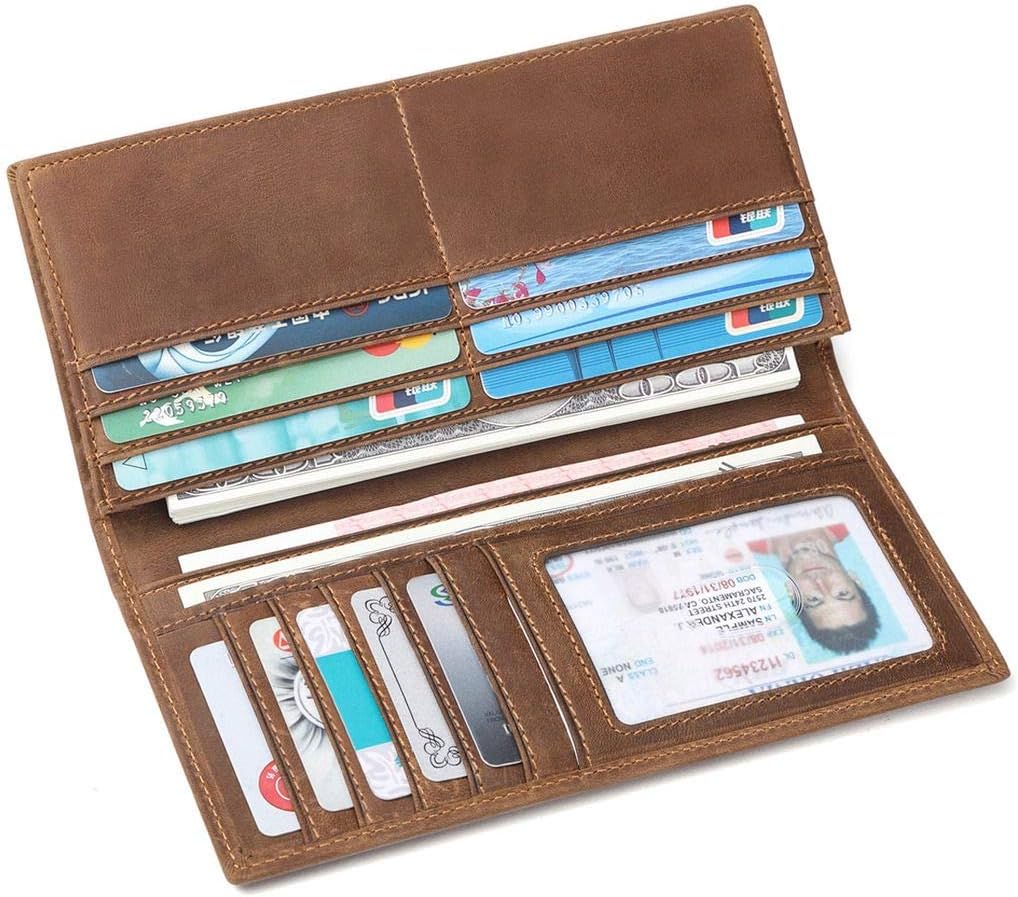JEEBURYEE Men's Vintage Genuine Leather Long Bifold Wallet RFID Blocking Card Holder