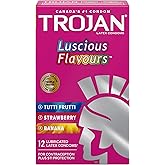 TROJAN Luscious Flavours Lubricated Latex Condoms, 12 Count, 3 Assorted Flavours - Banana, Strawberry & Tutti-Fruiti, Delicio
