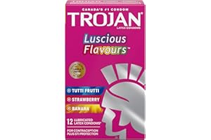 TROJAN Luscious Flavours Lubricated Latex Condoms, 12 Count, 3 Assorted Flavours - Banana, Strawberry & Tutti-Fruiti, Delicio