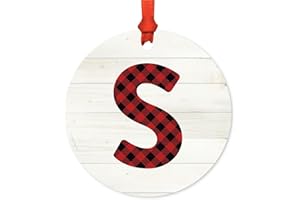 Andaz Press Family Christmas Ornament, Metal, Red Plaid Monogram Letter S, 1-Pack, Includes Ribbon and Gift Bag