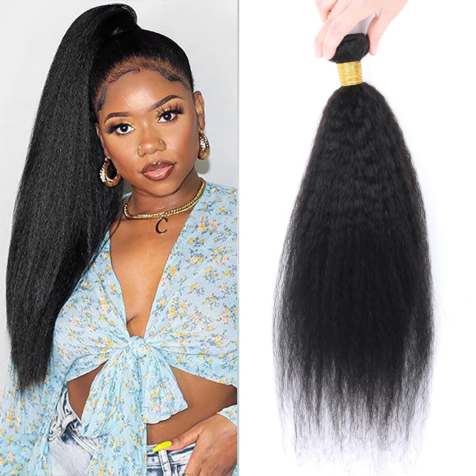 Kinky Straight Human Hair 1 Bundles Natural Black ，Yaki Straigh Brazilian Virgin Remy Hair， Grade 10A 100% Unprocessed Kinky Straight Human Hair Extensions (24 Inch, Single Bundle) — image 1