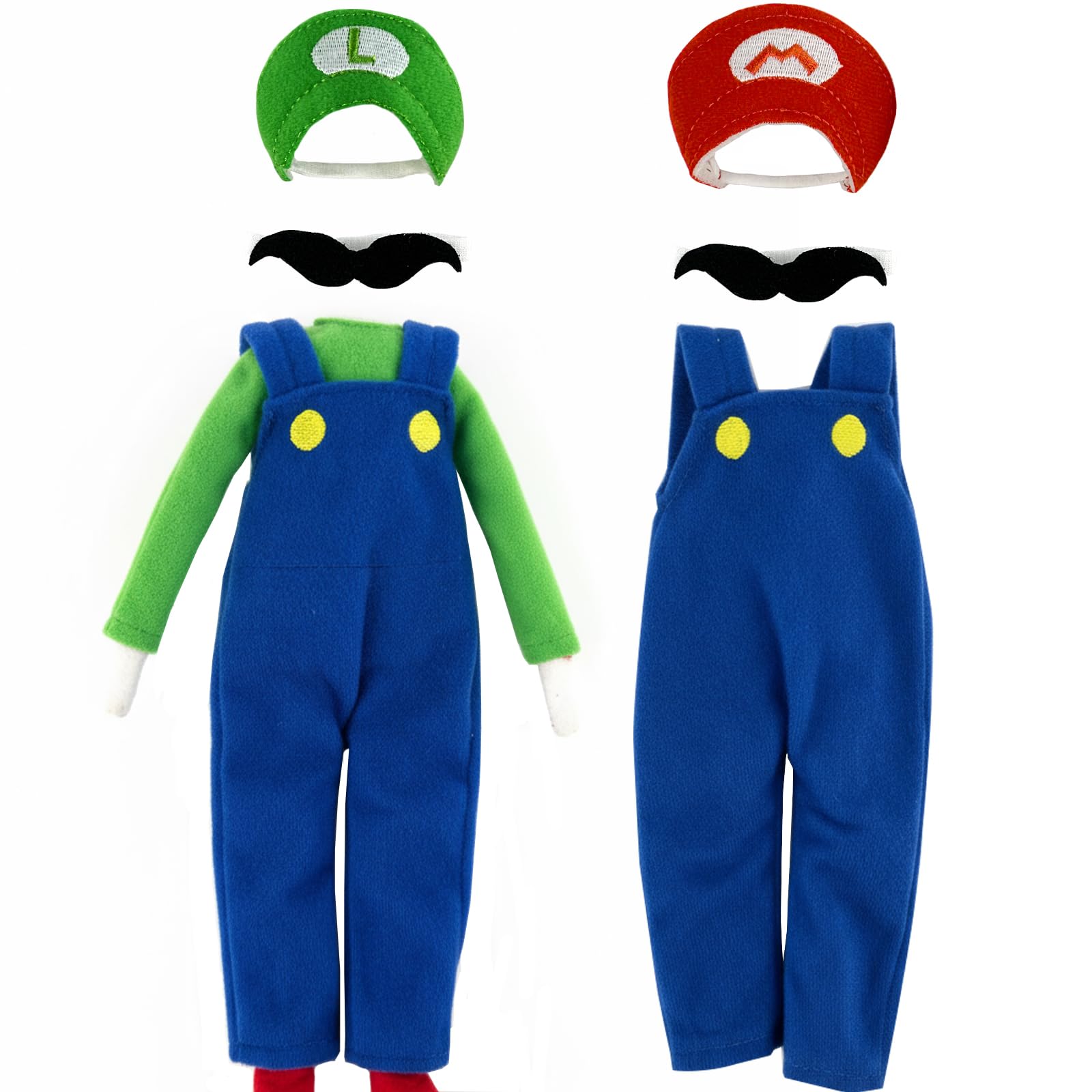 Photo 1 of 1 OVERALL ONLY- HAEVERAY 7Pcs Super Bros Costume Kit for elf Dolls, Christmas Doll Clothes for Boy Girl, Brothes Elf Outfit with Hats, Overalls, Mustaches for Holiday Decorations Xmas Fun elf Photo Prop Accessories