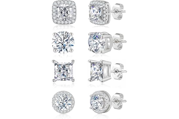 Geveay Mens Silver Earrings Hypoallergenic Sterling Silver Stud Earrings For Men Brilliant Round Cut Diamond Cubic Zirconia S