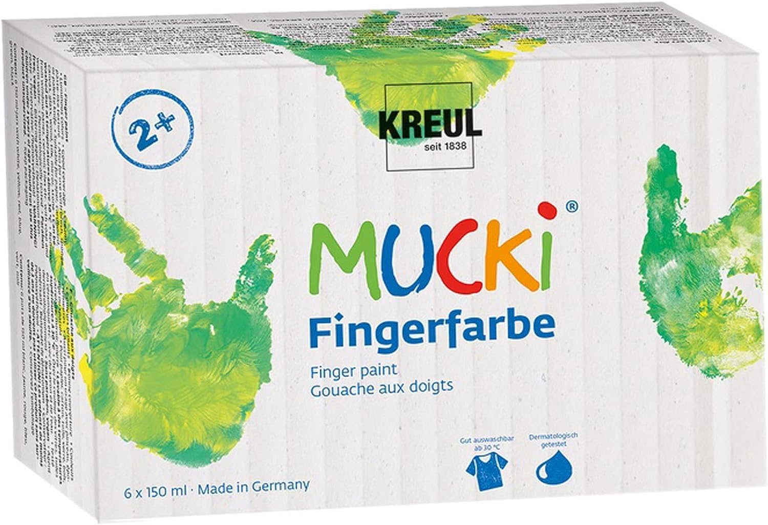 Kreul 2316 Mucki Bright Finger Paint, 6 x 150 ml in Yellow, Red, Blue, Green, White and Black, Paraben Gluten Lactose and Vegan, Washable, Can be Painted with Brush and Fingers