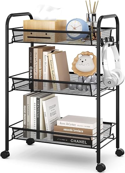 3-Tier Rolling Cart On Wheels Easy Assemble Storage Trolley Black