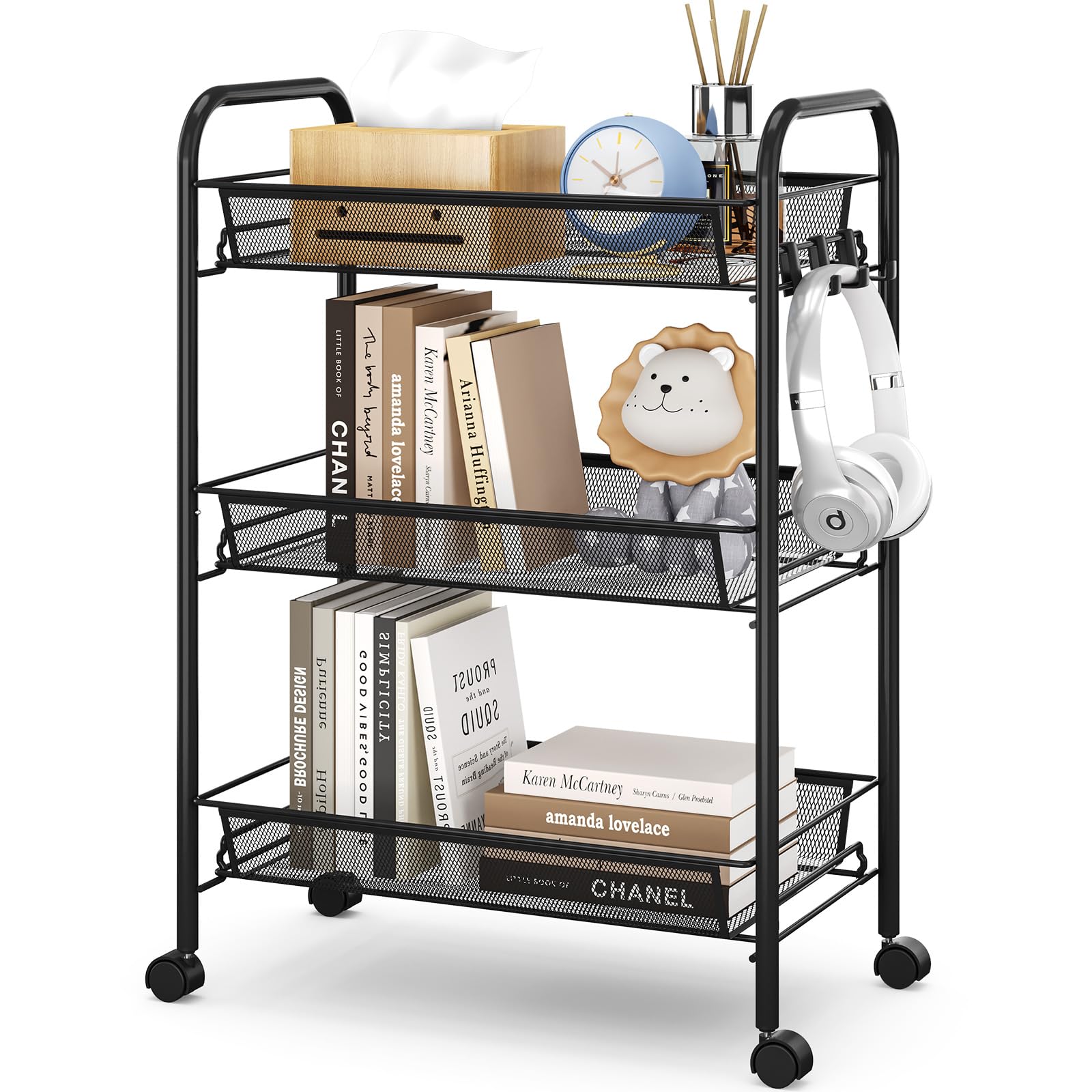 APEXCHASER 3-Tier Rolling Cart,Easy Assemble Mobile Storage Trolley On Wheels,Slide Out Utility Cart Shelving Units Kitchen Bathroom Laundry Room,Black