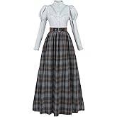 FCCAM Edwardian Victorian Dress for Women 2-Piece 1800s Plaid Victorian Costume Ball Gown with Pockets