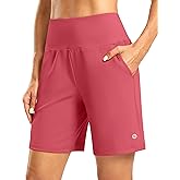 Women's Athletic Shorts with Zipper Pocket 7" High Waisted Stretchy Bermuda Shorts for Women Workout Running Casual