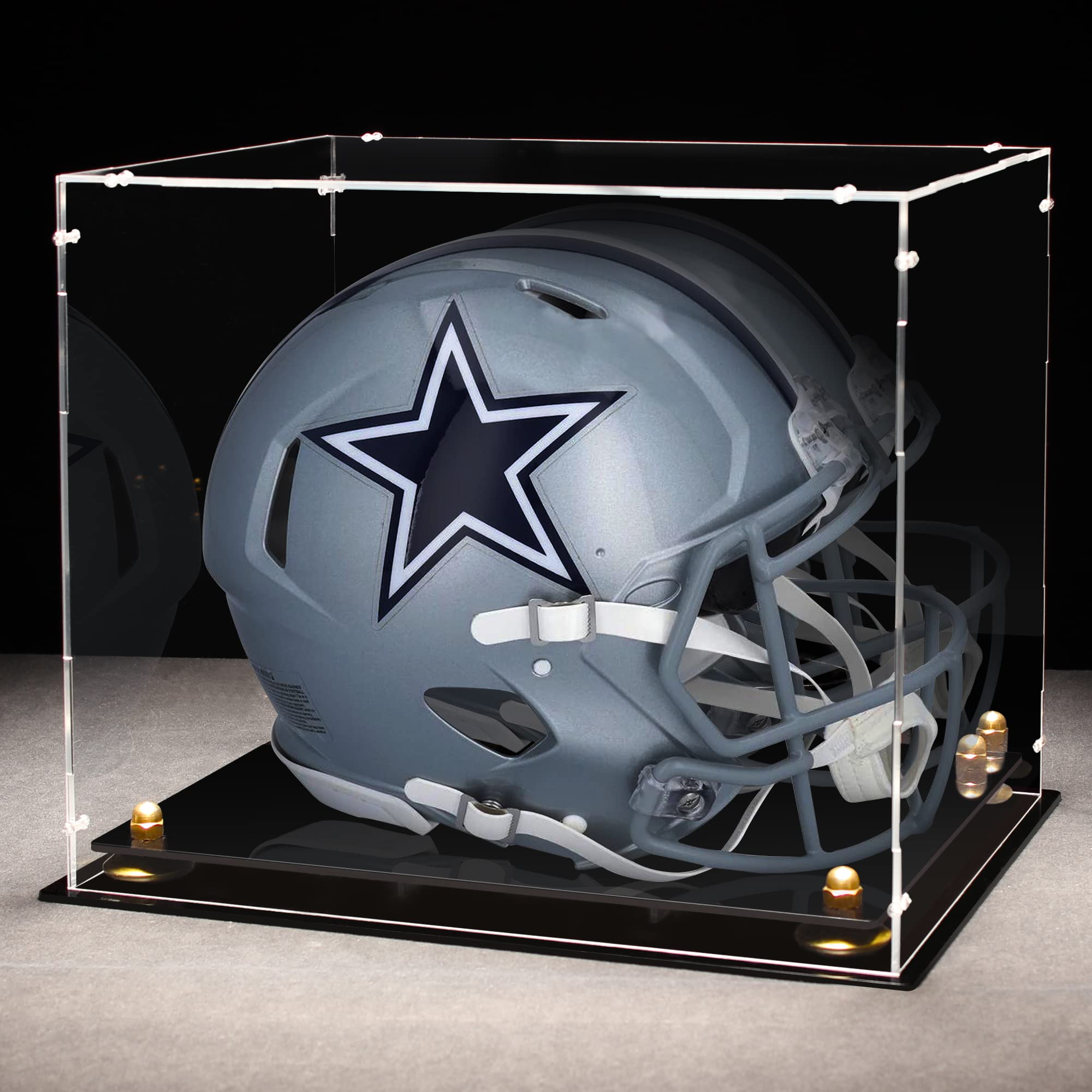 Photo 1 of Putros Acrylic Football Helmet Display Case Full Size with Mirror and Black Base Clear Box for Collectibles Memorabilia Storage