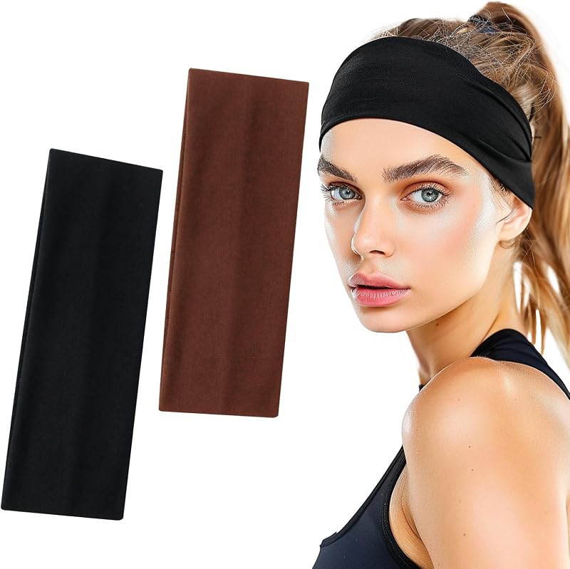 Sularpek 2 Pack Headbands Women Men Soft Stretchy Fabric Hair Band Black Brown