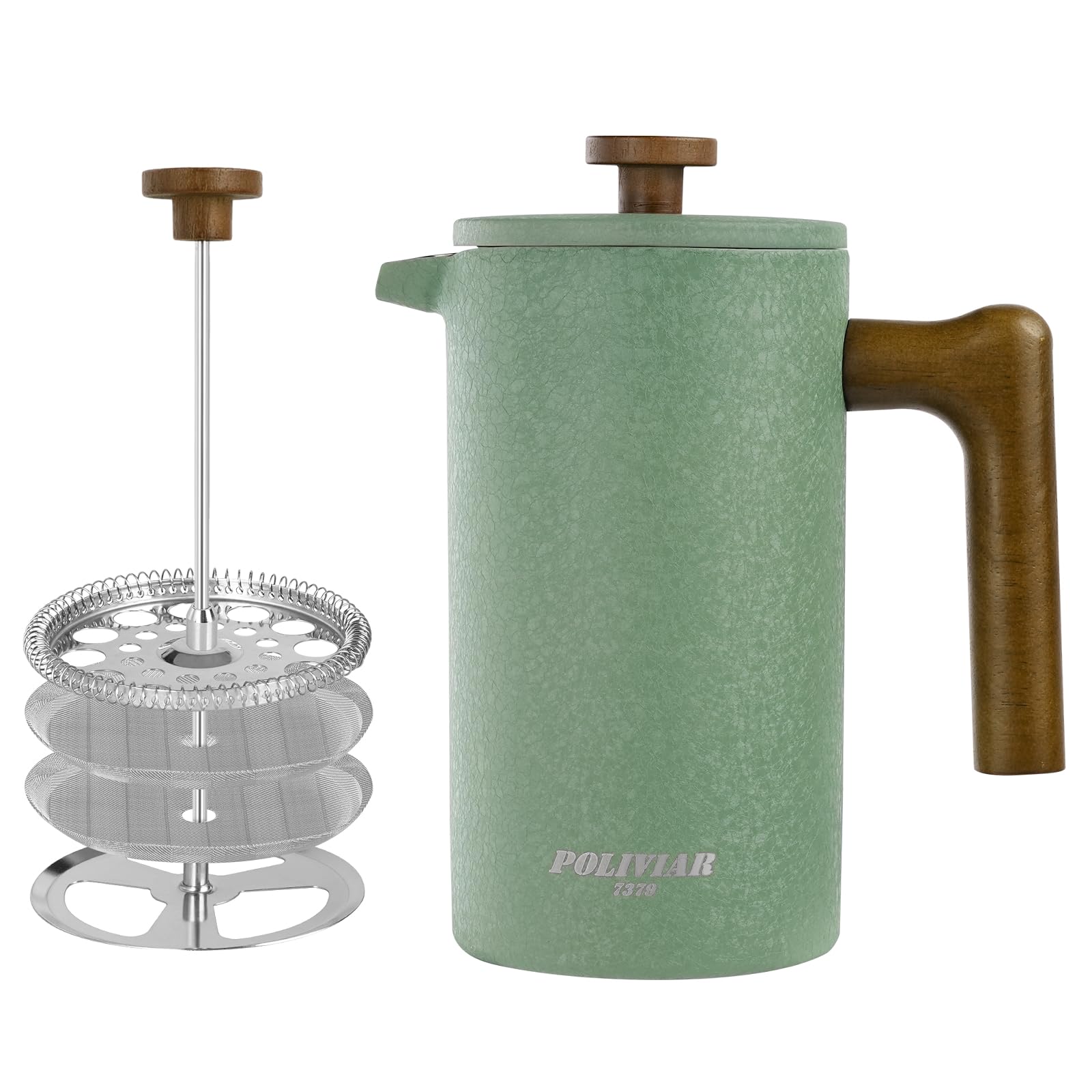 POLIVIAR Cafetiere 8 Cup, French Press Coffee Maker with Wood Handle, Double Walled Insulated Cafetiere &1 Extra Filter, Insulated 1L French Press for Coffee & Tea, Includes 1 Extra Filter