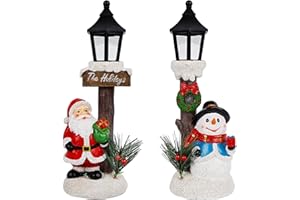 Joliyoou Christmas Table Ornaments, 2 Pack 11.4 Inch Snowman Santa Centerpieces with Light Up Streetlights, Battery Operated Lighted Xmas Holiday Winter Fireplace Shelf Decorative Ornament