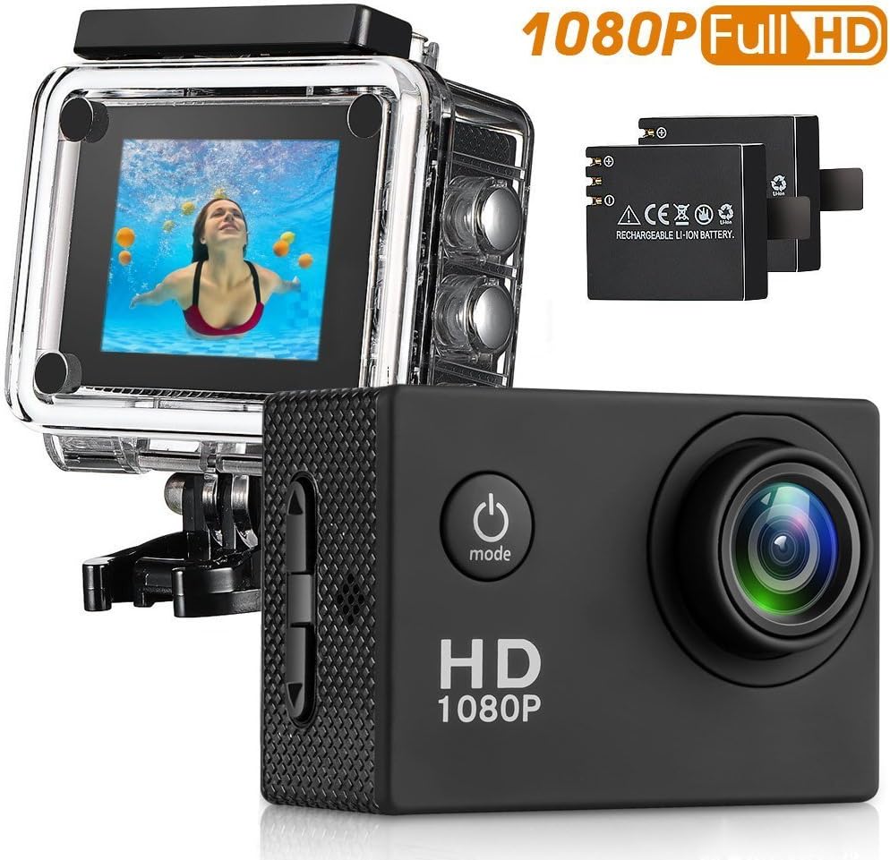 HaWacha Action Camera, 12MP 1080P 2 Inch LCD Screen, Waterproof Sports Cam 140 Degree Wide Angle Lens, 30m Sport Camera DV Camcorder With 2 Rechargeable Batteries and 9 Accessory Kit (Black-1080P)