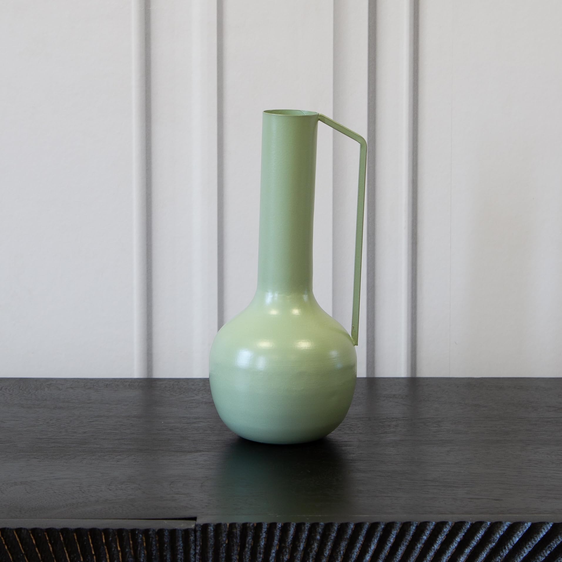 Sage Green Decorative Textured Roman Vases, Metal Powder Coated Finish, Vase With Handle - For Home Decor, Living Room, Bedroom Or Conservatory