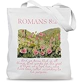 LADOCK Pink Floral Christian Tote Bag, Romans 8:28 Bible Verse Canvas Tote Bags, Christian Gifts for Women, Inspirational Religious Scripture Reusable Grocery Shopping Bags